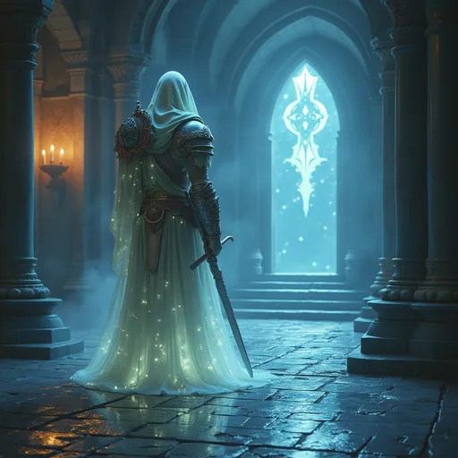 Prompt: (illuminous soldier spirit), guarding a temple, ghostly appearance, medieval fantasy setting, DND adventure, soft mystical lighting, serene glossy tiles reflecting luminous patterns, sacred ambiance, ornate grave nearby, tranquil atmosphere, enchanting details, enchanting visuals, luminous surroundings, ultra-detailed, high quality, symbols of protection and spirituality.