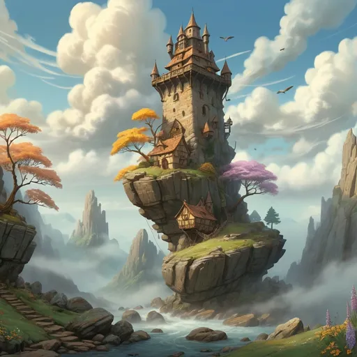 Prompt: (a rocky landscape with a flying stone magetower in the air) in medieval fantasy style, studio ghibli style, dramatic lighting, Wisps  illuminated fog, detailed textures, wild stream, a flying ship docked, enchanting atmosphere, foggy valleys, ancient stone structures, wildflowers, rustic charm, ultra-detailed, high resolution, golden clouds, masterpiece quality, deep shadows rich contrast, realistic proportions, intricate details, nature's grandeur