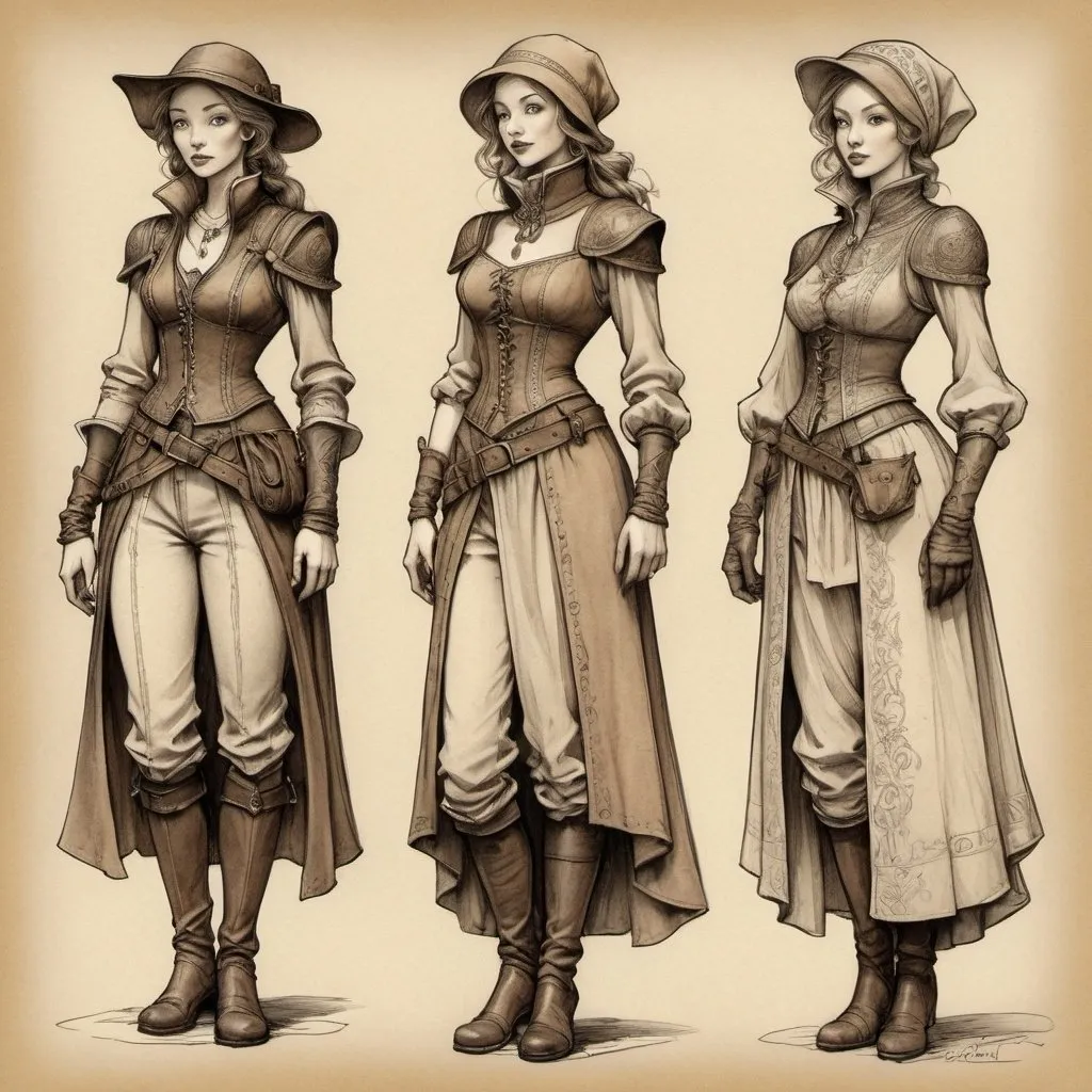 Prompt: Anton Pieck-style female adventurer clothing design sketches, vintage paper, line art, dark fantasy style, detailed, nostalgic, sepia tones, intricate linework, medieval fantasy, vintage, high quality, professional, daring, bold, artistic, detailed, antique style, romantic, soft lighting