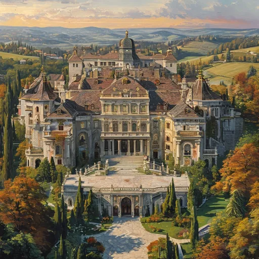 Prompt: aerial view of (grand estate with rustic elements), (oil painting), medieval fantasy style, wiener hofburg style, combiantion of wood and stone, battlements, towers, grand entrance, surrounded by lush Italian hills, detailed stone tiles, warm earthy color tones, atmospheric lighting casting shadows, inviting and enchanting ambiance, intricate landscape features, majestic architecture, captivating horizon blending into a dramatic sunset, ultra-detailed, high quality, masterpiece.