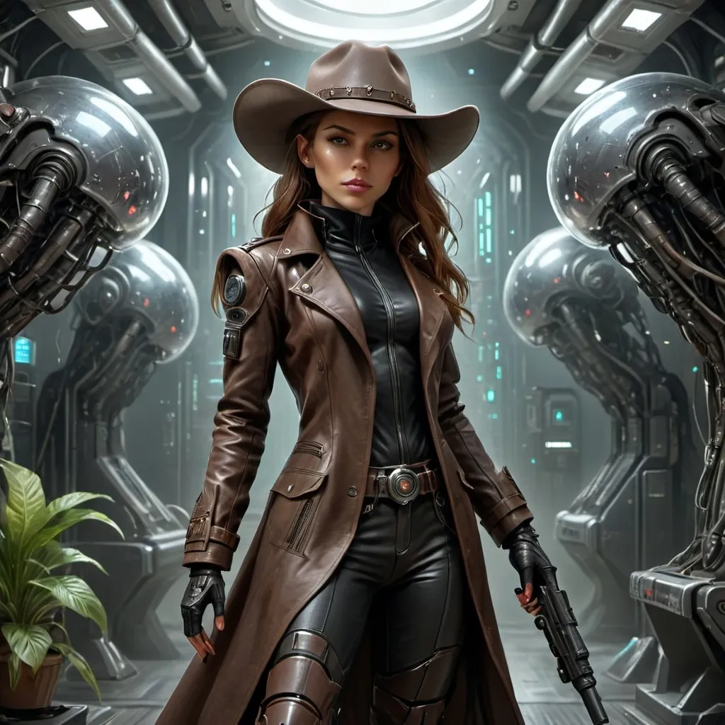 Prompt: full body Cowgirl in futuristic sci-fi setting, cowboy hat,  high-tech materials, detailed cowgirl outfit with leather duster trenchcoat, overcoat, intense and confident expression, alien planet, alien animals, bionic inplants on the face, high-res, ultra-detailed, sci-fi, laser guns, sciborg, futuristic, cowgirl, high-tech, detailed outfit, atmospheric lighting