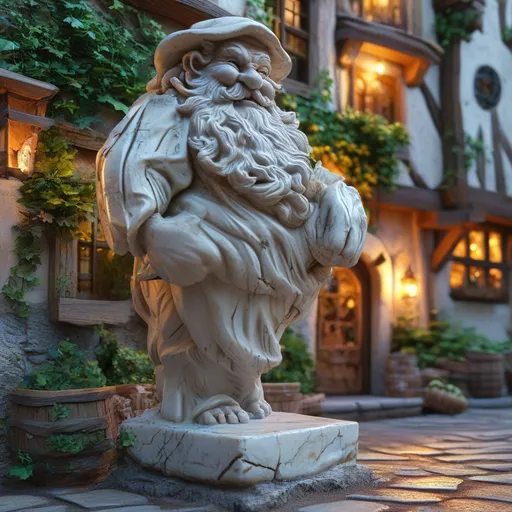 Prompt: (veiny marble white statue of a fool), cheerful and jolly expression, bright (radiant lighting), meideval fantasy, detailed features, intricate veins design, (entrance to a rustic tavern), warm atmosphere, lush greenery surrounding, inviting entrance, ultra-detailed, cinematic depth, harmonious blend of elegance and whimsy, vibrant colors reflecting off the statue surface.