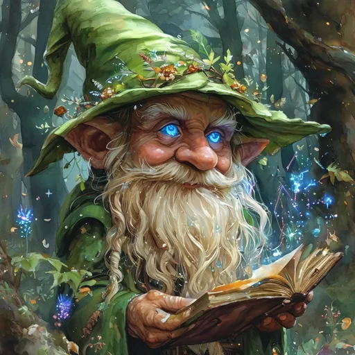 Prompt: watercolor illustration, (gnome druid) character, (dark bark-like skin), (blond unruly hair), (aqua-colored illuminating eyes), surrounded by a mystical forest, enchanting ambiance, spell book glowing with magical runes, serene and whimsical atmosphere, soft earthy color tones, delicate brush strokes, vibrant greens and browns capturing the essence of medieval fantasy, (ultra-detailed) elements adding depth and nuance.