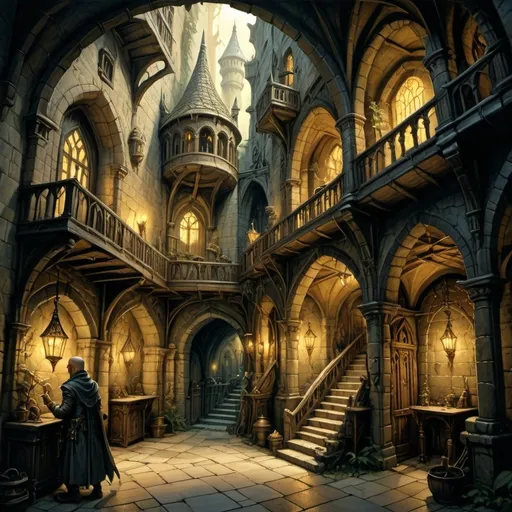 Prompt: (DnD dungeon), grand and atmospheric halls, intricate details in the architecture, shadowy corners, adventurers exploring, (Anton Pieck style) whimsical and enchanting illustration, muted colors balanced with warm golden light, a sense of mystery and adventure, whimsical creatures lurking, ultra-detailed, high-quality fantasy art, immersive and captivating ambiance.