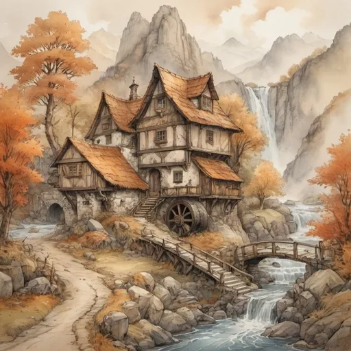 Prompt: Anton Pieck style, medieval fantasy watercolor mountain landscape, humble farm with watermill, connected roads autum, brown leaves, wind, Wild water river, waterfalls,wooden Bridge, detailed stone, mysterious, foggy, sweeping golden clouds, professional quality, 