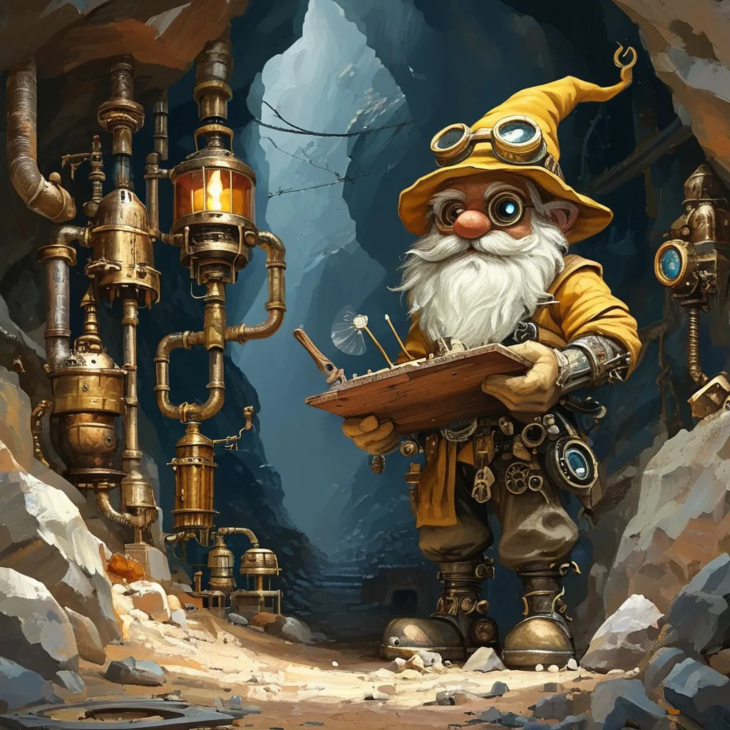 Prompt: (tinkering gnome DnD character), (oil painting in Anton Pieck style), set in a mine, with steampunk elements, intricate contraptions surrounding the character, earthy tones dominating the palette, rocky walls adorned with rugged stones, dimly lit atmosphere, realistic textures and details, a sense of adventure and fantasy, ultra-detailed, cinematic quality.