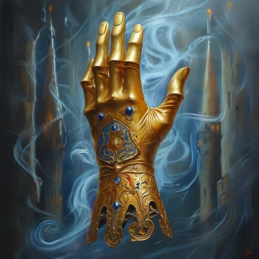 Prompt: oil painting, invisibility cloak , (swirling magical fog), intricate design details, medieval fantasy ambiance, mystical symbolism, enchanting lighting,  vibrant colors highlighting the magical essence, high resolution, ethereal atmosphere, dynamic energy surrounding the gloves, cinematic depth