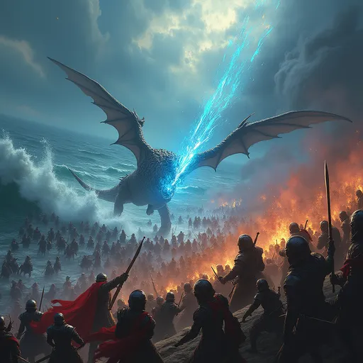 Prompt: aerial view, grant armies, (battle scene featuring) sea monsters, (medieval fantasy) warriors clashing, great armies gathered, powerful DnD characters, dynamic magical spells soaring through the air, tumultuous waves crashing, dramatic stormy skies above, intense action and chaos, detailed armor and weaponry, ethereal light from spells, vivid colors, ultra-detailed, immersive atmosphere.