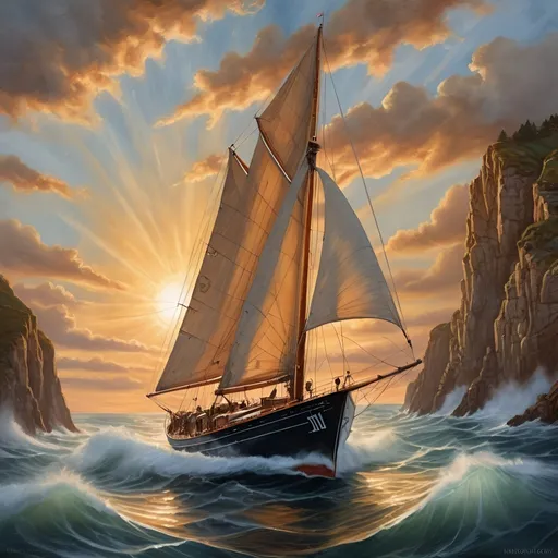 Prompt: top down view, Detailed wooden J-class racing yacht sailing into sunset clouds between some cliffs, J-class boat, rough acrylic painting, medieval fantasy, sun's rays, highres, detailed, acrylic painting, medieval fantasy, sunset clouds, detailed boat and sails, sun's rays, atmospheric lighting, warm tones, acurate wind direction, storm clouds in the distance