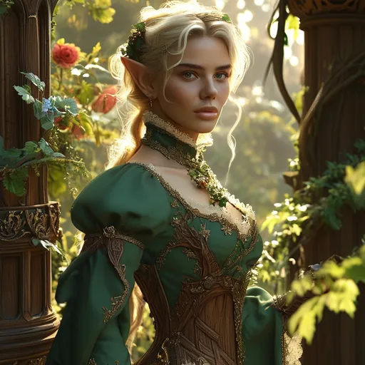 Prompt: (aristocratic wood elf), dressed in luxurious attire, elegantly strolling through lush, vibrant gardens of an opulent mansion, medieval fantasy, detailed foliage and ornate sculptures in the background, soft golden sunlight casting a warm glow, creating a charming and refined atmosphere, showcasing fine craftsmanship in clothing, high quality, (ultra-detailed), enchanting ambiance.