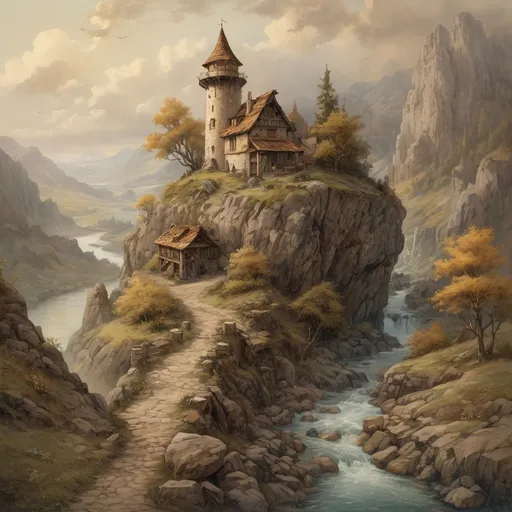 Prompt: (An oil painting of a rocky landscape with a stone roadside tavern and a lookout tower) in medieval fantasy style, anton pieck, dramatic lighting, earthy brown tones, detailed textures, wild stream, enchanting atmosphere, foggy valleys, ancient stone structures, wildflowers, rustic charm, ultra-detailed, high resolution, golden clouds, masterpiece quality, deep shadows যে rich contrast, realistic proportions, intricate details, nature's grandeur