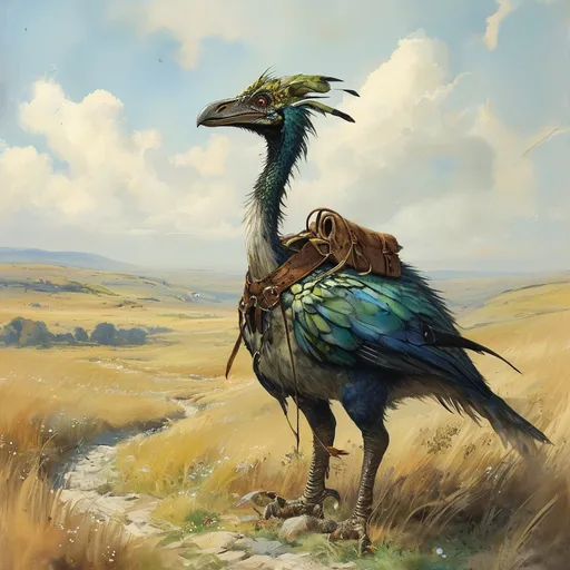 Prompt: (dinosaur-like flightless bird as transport animal), brilliant feathers, Harness, medieval fantasy setting, (watercolor), open plains, transport wagon, ancient cobblestone road, soft colors, serene atmosphere, rustic charm, expansive sky with delicate clouds, hints of wildflowers, intricate details in the bird's plumage, tranquil background blending hues of green and blue, ultra-detailed, enchanting scene.