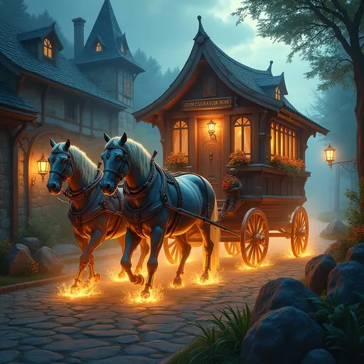 Prompt: (a grand magical wooden carridge), pulled by two skeletal horses, two story, medieval fantasy, glowing runes, swirling magical energy, vibrant colors, enchanting atmosphere, stones lining the rustic country road, atmospheric lighting with soft warm tones, detailed craftsmanship of wagon, elaborate carvings, ultra-detailed, dynamic energy showcasing active spells, an air of adventure and mystique.