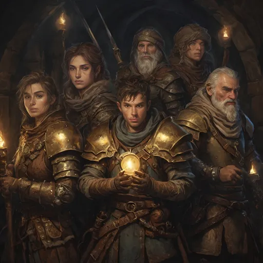 Prompt: realistic digital art painting of fantasy style explorers, dnd Characters, earthy tones, darkness, magic light,  high qualtiy faces, highly detailed, expediton gear, atmospheric lighting, high quality, encaustic painting, gold,  earthy tones, detailed, medieval fantasy, darkness, atmospheric lighting