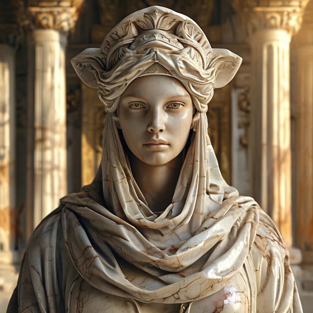 Prompt: (marble statue of a gorgeous woman in shrouds), adorned beautifully on a pedestal, set in the middle of a grand auditorium within an ancient temple, atmospheric ambiance with sophisticated lighting, ethereal sun rays illuminating the scene, detailed ancient architecture surrounding, warm tones creating a mystical feel, hint of medieval fantasy, ultra-detailed, high-definition.