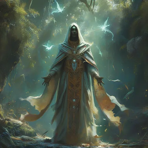 Prompt: (4K) Asimir adivasi Priest DND character, cloaked in intricate ceremonial robes, standing boldly in a mystical grove, repelling undead forces, (powerful spells) flying through the air amongst a dazzling glow of divine light, vibrant ethereal colors illuminating the scene, lush greenery as the backdrop, (intense atmosphere) filled with urgency and magic, highly detailed.