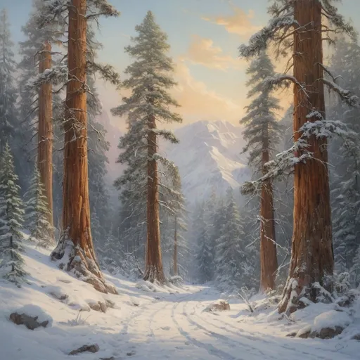 Prompt: winding snowfilled track in a dense forest of gigantic Sequoia trees, oil painting painting, animal tracks, deep snow, low sun shining, drifting clouds, high quality,  snowy, sunlit, serene, peaceful, scenic, soft colors, artistic, drifting clouds, winter scene, snow, ice, anton pieck style citadel in the distance