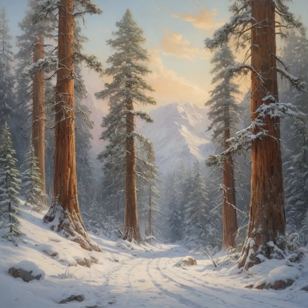 Prompt: winding snowfilled track in a dense forest of gigantic Sequoia trees, oil painting painting, animal tracks, deep snow, low sun shining, drifting clouds, high quality,  snowy, sunlit, serene, peaceful, scenic, soft colors, artistic, drifting clouds, winter scene, snow, ice, anton pieck style citadel in the distance