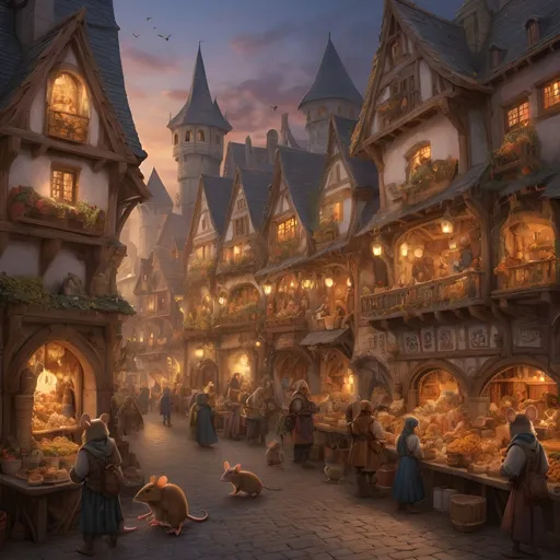 Prompt: Medieval fantasy illustration of a bustling mouse village, detailed fantasy architecture, vibrant market street, intricate mouse characters, warm and cozy lighting, high quality, fantasy, medieval, bustling, detailed architecture, vibrant market, intricate characters, warm lighting