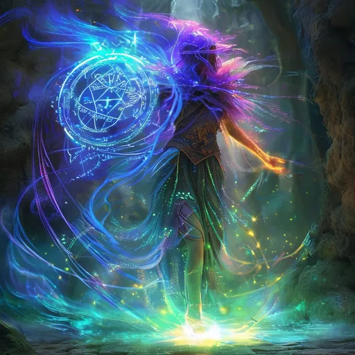 Prompt: (medieval fantasy polymorph spell), vibrant magic energy, swirling colors of blue and green, dynamic shapes and forms rapidly changing, luminous glowing effects, enchanting atmosphere, illuminated rune symbols, high detail, ultra-detailed, dramatic lighting, magical ambiance, evoking a sense of wonder and transformation.