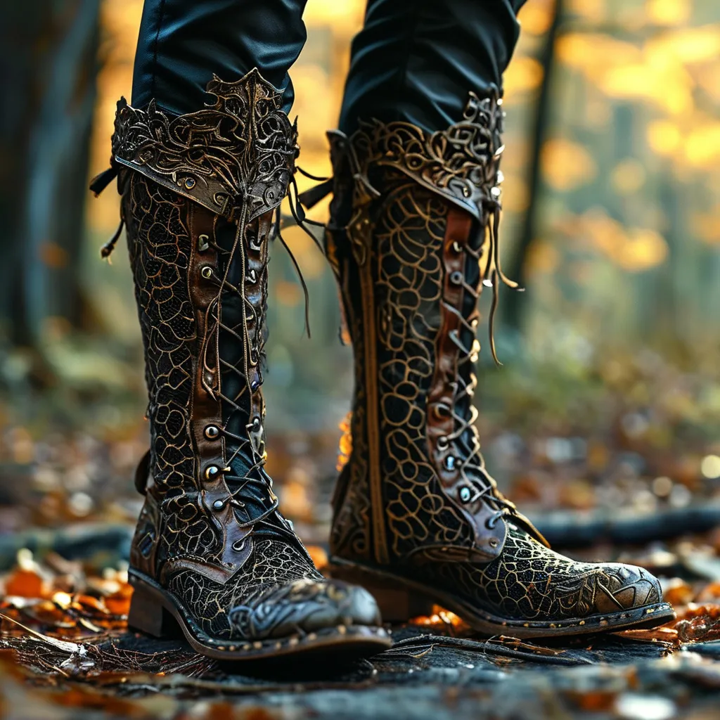 Prompt: stand alone, (leaf pattern mesh lace boots), stylish medieval fantasy, (enchanted boots), magical illumination, intricate detailing, ethereal glow, backgrounds of mystical forests, warm jewel tones, soft lighting effects, whimsical ambiance, high-quality 4K resolution, ultra-detailed texture, fantastical elegance.