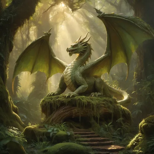 Prompt: (stone western dragon statue), (overgrown with moss and plants), magnificent wings, (ceremonial resting giants), deep rainforest, sunlight streaming through ancient trees, ethereal atmosphere, mystical ambiance, rich greens and browns, soft golden light, serene background, oil painting masterpiece, capturing the awakening of the gods, high detail, enchanting scene, tranquil yet powerful mood, ultra-detailed composition.