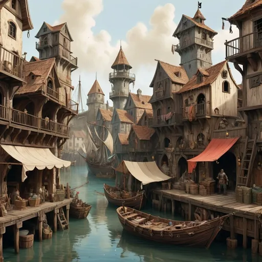 Prompt: Medieval fantasy painting of a pirate city, DnD style, vintage paper, detailed line art, docks, ancient architecture, bustling market, weathered buildings, antique ships, intricate details, high quality,  vintage paper texture, detailed illustration, atmospheric style,