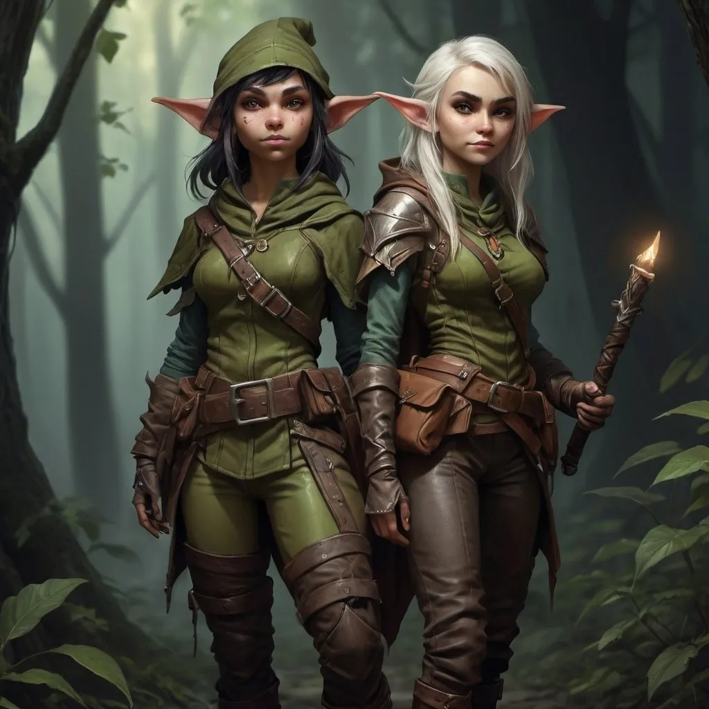 Prompt: gorgeous small young female goblin thief and cute tall elf female mage, full body, digital art, high detail, realistic, dnd character style, height difference, dark lighting, forest, leather gear, backpack, dagger