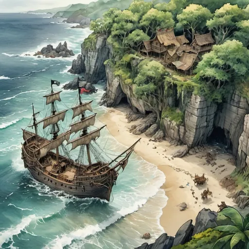 Prompt: (watercolor illustration) aerial view of a pirate beach, stranded ships among rocky shores, (medieval fantasy), epic battle scene with fierce monsters, hidden pirate hideouts in lush greenery, dynamic and vibrant colors, dramatic lighting and shadows, waves crashing against the shore, intense atmosphere reminiscent of a D&D adventure, inspired by Justin Gerard's enchanting style, (ultra-detailed, high quality).