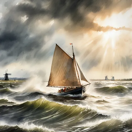 Prompt: old time wooden boat, dutch style  boat, single mast, sailing in hard winds on a lake, rudder,  pencil strokes, rough weather, full sails, dynamic, impressionistic, intense brushstrokes, dramatic lighting, high waves, strong winds, traditional watercolor , stormy waters, dutch landscape, realistic, moody atmosphere, sun rays, old wind mills, grass coast