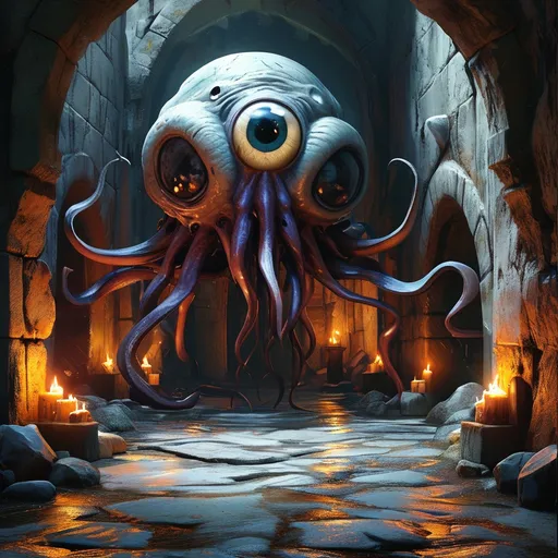 Prompt: (DnD beholder), (lots of smaller eys), (one big centre eye), dark dungeon setting, stone walls, eerie shadows, flickering torchlight casting ominous glows, high detail, dramatic lighting, atmospheric depth, (4K), intense and foreboding ambiance, mysterious textures and elements, captivating fantasy scene.