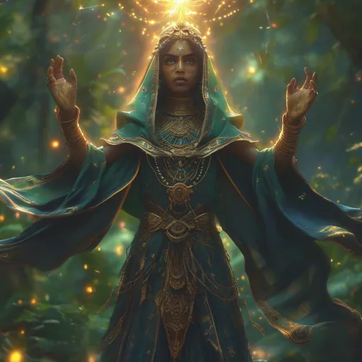 Prompt: (4K) female Asimir adivasi Priestes DND character, cloaked in intricate ceremonial robes, standing boldly in a mystical grove, (powerful spells) flying through the air amongst a dazzling glow of divine light, vibrant ethereal colors illuminating the scene, lush greenery as the backdrop, (intense atmosphere) filled with urgency and magic, highly detailed.