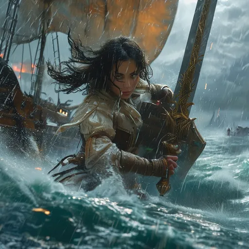 Prompt: (epic swordfight), fight scene, intense scene on a ship, pouring rain, storm clouds swirling ominously, vivid lightning strikes illuminating the dark sky, fierce winds swirling around, (female combatant) wielding a shimmering sword, casting magical spells, high tension and dynamic motion, highly detailed features, dramatic atmosphere, cinematic quality, ultra-detailed, 4K resolution, a clash of power amidst the tempest.