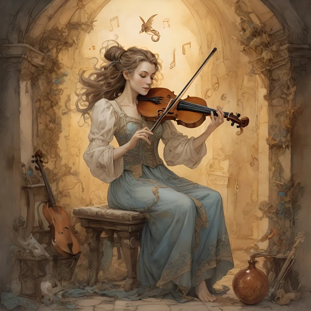 Prompt: DnD female demon bard playing instrument, magical musical notes streaming in the air, Anton Pieck style painting, vintage warm tones, intricate details, whimsical fantasy, medieval, high quality, oil painting, good hair, charming, enchanting, intricate details, cozy lighting