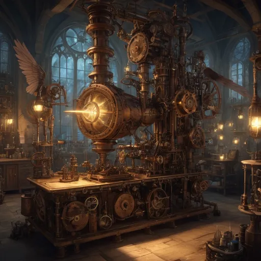 Prompt: (Flying steampunk medieval fantasy contraption), Radiating lights, anton pieck style, intricately designed laboratory equipment, a tinkerer at work, rich and deep colors, mysterious and awe-inspiring atmosphere, warm and soothing lighting, gears and cogs, mechanical wings, detailed metalwork, leather straps, glowing crystal fuels, ultra-detailed, 4K, high resolution, concept art, high quality craftsmanship, enchanting setting, fantasy elements interwoven with steampunk aesthetics