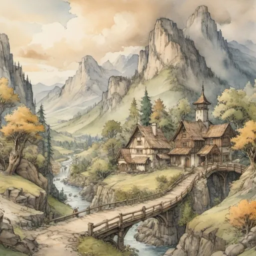 Prompt: Anton Pieck style, medieval fantasy watercolor mountain landscape, valleys and ridges, trees, alm with animals, connected roads, summer, farm fields, wind, Wild river, waterfalls, lake, wooden Bridge, mysterious, sweeping golden clouds, professional quality, 