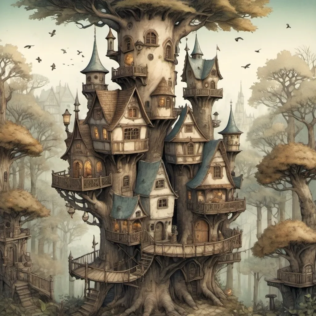 Prompt: Anton Pieck style illustration of a medieval fantasy treehouse city, birds eye view, in the forrest, with squirels and foxes, vintage paper texture, intricate line work, high detail, mystical atmosphere, warm and nostalgic tones, soft lighting, high quality, magical artifacts, nostalgic, warm tones, soft lighting