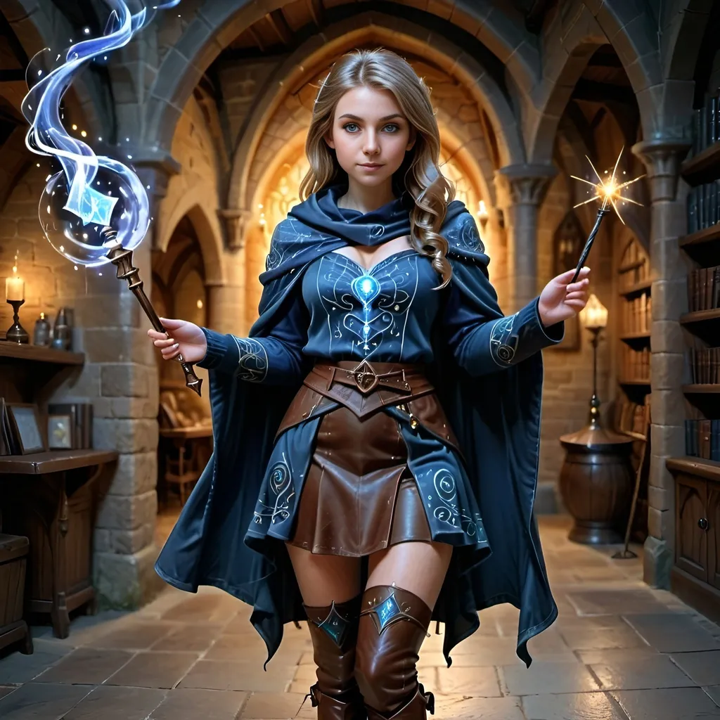 Prompt: Full body, wizard girl, short leather skirt, business top, intricate mantle, knee high boots, illuminating wand, medieval fantasy, magical swirls, high quality, detailed, medieval fantasy, illuminating blue magical flashes, intricate patterns, atmospheric lighting, perfect cute face, 