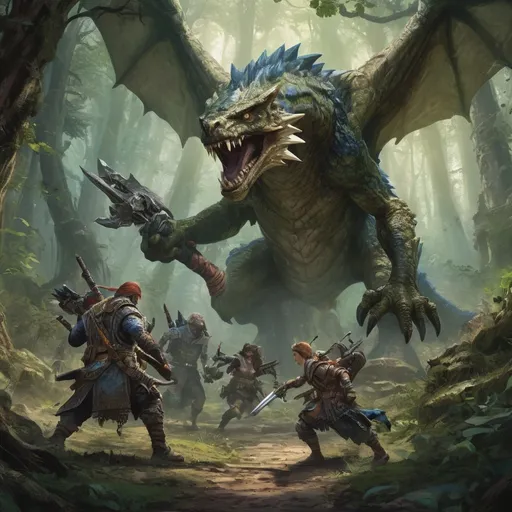 Prompt: (watercolor painting), (DnD monster hunter party), richly detailed characters in dynamic poses, intricately designed weaponry, lush mossy woodlands, ancient ruins shrouded in mystery, (monsters lurking in the shadows), vivid greens and earthy tones, magical lighting casting enchanting shadows, a whimsical yet tense atmosphere, (Justin Gerard style), ultra-detailed, immersive storytelling composition.