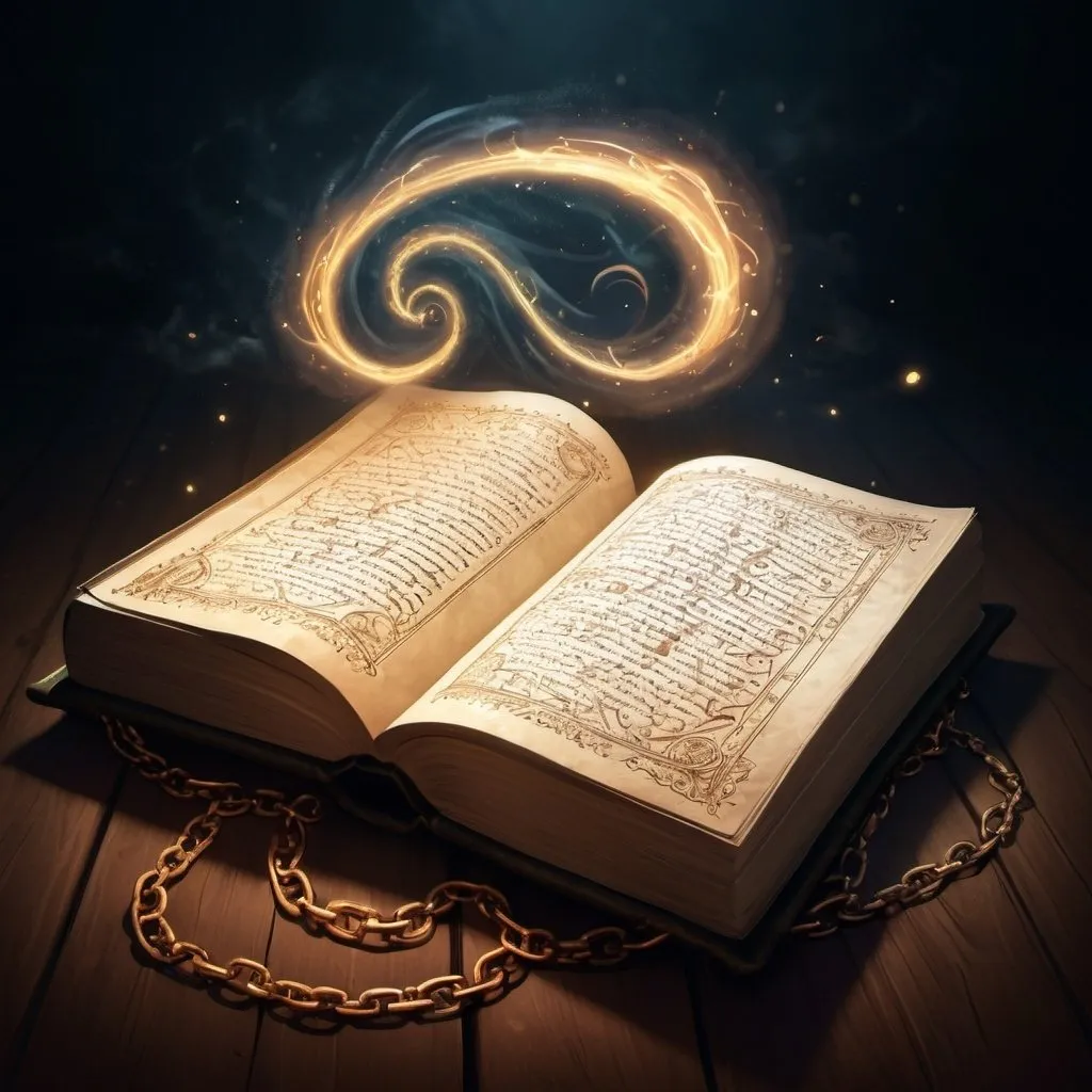 Prompt: Ancient spell tome, magical glow, , ancient writing, floating in the air, illuminating magical swirls, detailed illustration, high quality, magical, ancient, glowing runes, chains, floating, detailed, atmospheric lighting