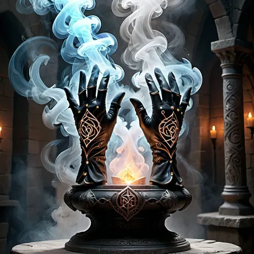 Prompt: (gloves of might), (swirling magical smoke), intricate design details, medieval fantasy ambiance, mystical symbolism, enchanting lighting, a stone pedestal adorned with ancient runes, vibrant colors highlighting the magical essence, high resolution, ethereal atmosphere, dynamic energy surrounding the gloves, cinematic depth