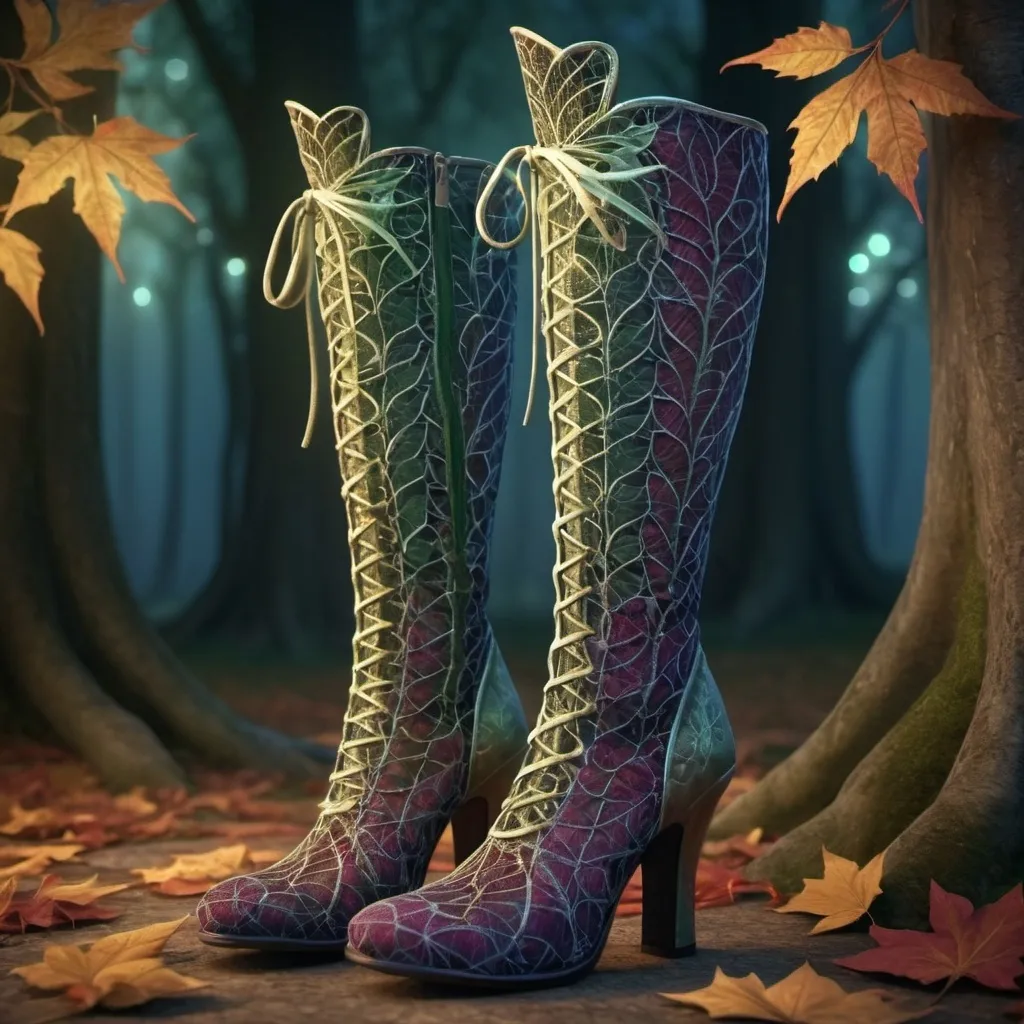 Prompt: stand alone, (leaf pattern mesh lace boots), stylish medieval fantasy, (enchanted boots), magical illumination, intricate detailing, ethereal glow, backgrounds of mystical forests, warm jewel tones, soft lighting effects, whimsical ambiance, high-quality 4K resolution, ultra-detailed texture, fantastical elegance.