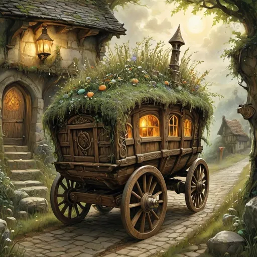 Prompt: (magical wooden transport wagon), medieval fantasy oil painting anton pieck style, glowing runes, swirling magical energy, vibrant colors, enchanting atmosphere, stones lining the rustic country road, atmospheric lighting with soft warm tones, detailed craftsmanship of wagon, elaborate carvings, lush greenery surrounding road, ultra-detailed, dynamic energy showcasing active spells, an air of adventure and mystique.