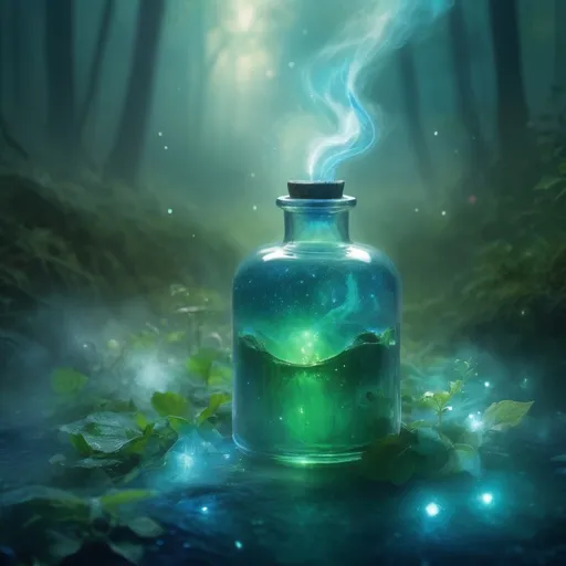 Prompt: (healing potion), (magical fog swirls), vibrant colors, luminous glow, enchanting atmosphere, mystical elements, ethereal background, deep shades of green and blue, delicate sparkles, aura of tranquility, charm of nature, ultra-detailed, high quality, dreamlike essence, whimsical ambiance.