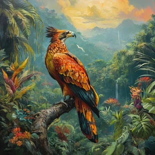 Prompt: oil panting, (incredibly elegant strong  bird of prey), vibrant magical shimmering feathers, lush jungle surroundings, lush hills in the background, brilliant hues of greens, sunlight filtering through foliage, whimsical atmosphere, high detail, ultra-detailed, enchanting scene, vivid colors, captivating wildlife, picturesque jungle paradise.