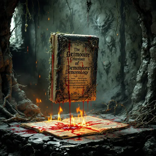 Prompt: opened Grimoire of demonologie, floating above a dark magic altar, ruins of dark obsidian stones, flames of hell, overgrown, sketches of demons, blood dripping out, surrounded by thick dark smoke enveloping the Grimoire, glowing magical illumination casting eerie shadows, atmospheric ominous vibe, detailed textures of ancient, weathered stones, mystical aura consistently radiating from the grimoire, dark fantasy theme, high depth cinematic masterpiece, ultra-detailed, captivating imagery