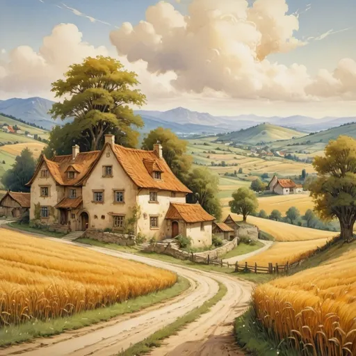 Prompt: (antique oil painting (anton pieck style)), summer day in the countryside ,fortified farmstead, rolling hills, expansive wheat fields, tranquil dirt road, (medieval fantasy) elements, golden clouds drifting across the sky, majestic snow covered mountains in the background, vibrant color palette with warm hues, serene and picturesque ambiance, soft brush strokes, detailed landscape, whimsical charm, inviting atmosphere, (highly detailed) visual composition.