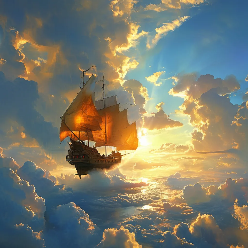 Prompt: (flying ship), above the golden clouds, majestic, fantasy, dramatic golden tones, high contrast lighting, ethereal atmosphere, sense of wonder, ultra-detailed, glowing light reflections on clouds, vast expansive sky, hint of sunlight, crisp air, ultra HD, highly detailed sails, intricate design, storm clouds, fantastical elements, vivid colors, cinematic masterpiece.