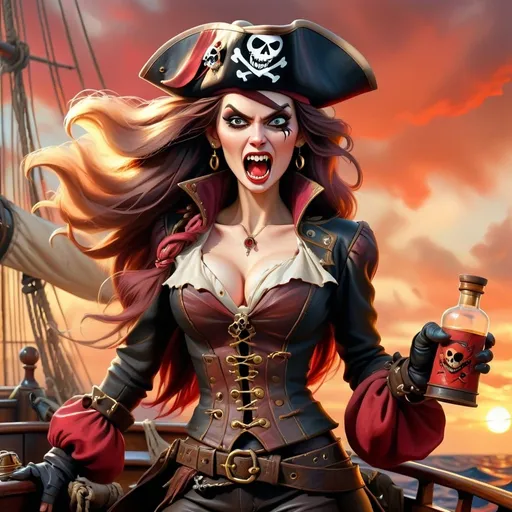 Prompt: realistic painting of lady vampire pirate with fangs on her ship, golden clouds in the the air, sunset wind blowing her hair, leather captains hat, flask of red rum, large incicers