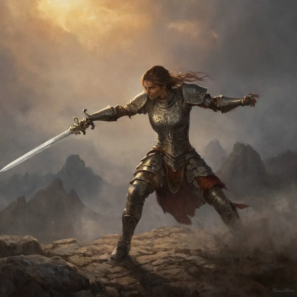 Prompt: Photo-realistic oil painting of a female DnD worrior character, hybrid humanoid, engaged in a sword fight, elaborate armor with intricate details, high definition, realistic style, warm tones, dramatic lighting, detailed facial features, intense action, fantasy setting, high-quality, oil painting, female, DnD character, hybrid humanoid, sword fight, elaborate armor, high definition, realistic style, warm tones, dramatic lighting, detailed facial features, intense action, fantasy setting